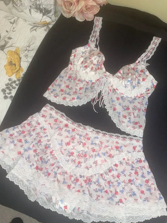 For Love & Lemons Ditsy Day Ruffled Bra Top/Mini Skirt NWT- XL-Red/White/Blue - Picture 6 of 15